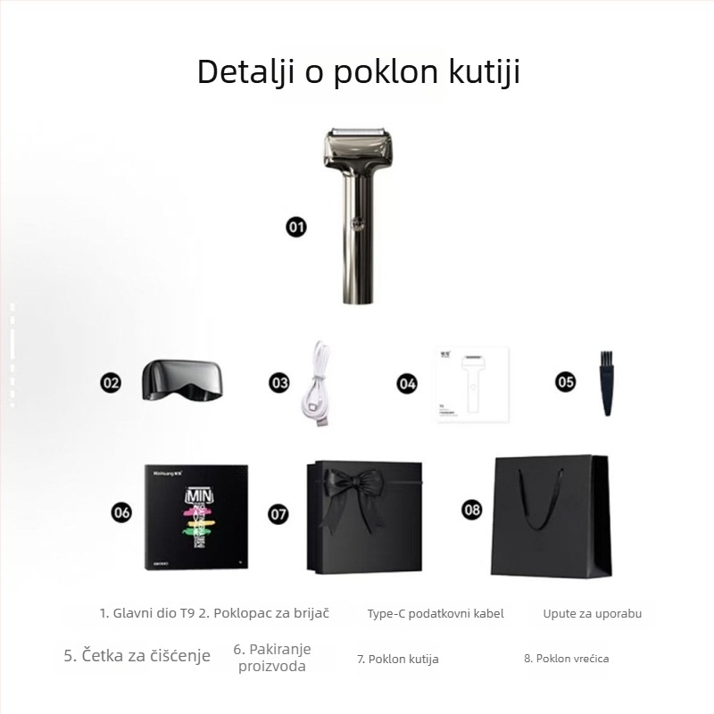 Minhuang muški električni brijač — mokro i suho brijanje, potpuno periv, 2-satno brzo punjenje, ugrađena baterija, niski šum