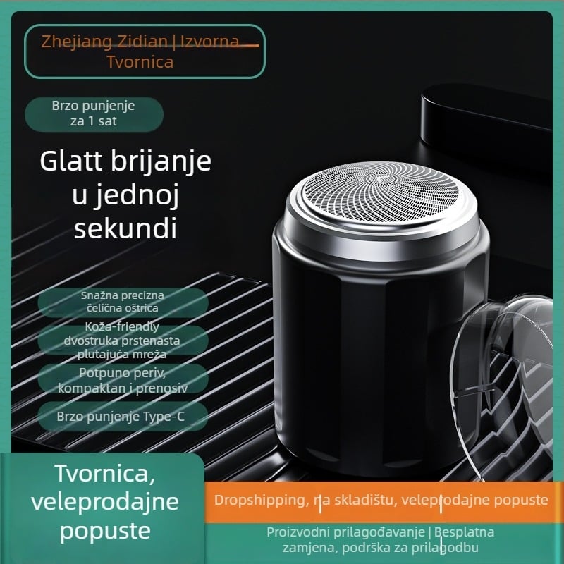 Električni brijač s plutajućom glavom s tri oštrice, rotirajuća glava, odvojiva i periva glava, motor bez četkica, ugrađena baterija 300–500 mAh