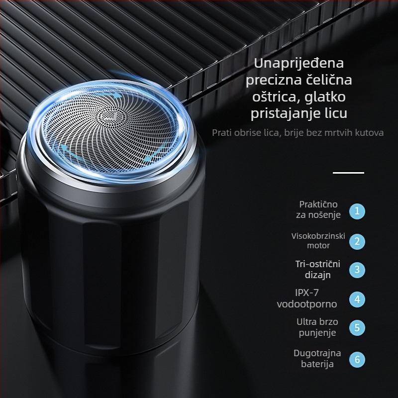 Električni brijač s plutajućom glavom s tri oštrice, rotirajuća glava, odvojiva i periva glava, motor bez četkica, ugrađena baterija 300–500 mAh