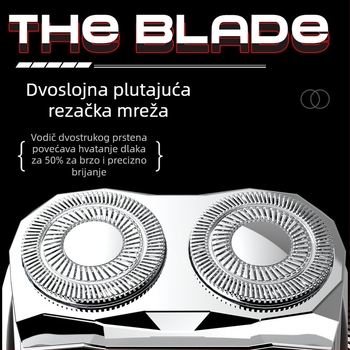Aluminijski plivački rotacijski električni brijač, periv, kompaktan za putovanja, dvostruka glava; rotacijska glava s 2 oštrica, ugrađena baterija 300–500 mAh, trajanje 60 minuta, punjiva, vrijeme punjenja 2 sata