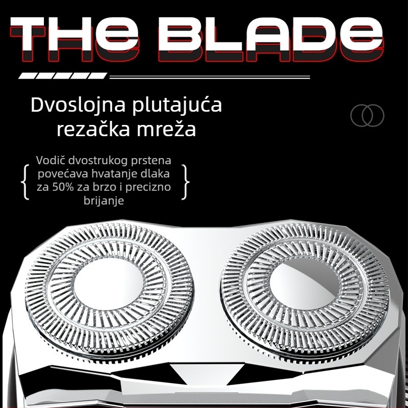 Aluminijski plivački rotacijski električni brijač, periv, kompaktan za putovanja, dvostruka glava; rotacijska glava s 2 oštrica, ugrađena baterija 300–500 mAh, trajanje 60 minuta, punjiva, vrijeme punjenja 2 sata