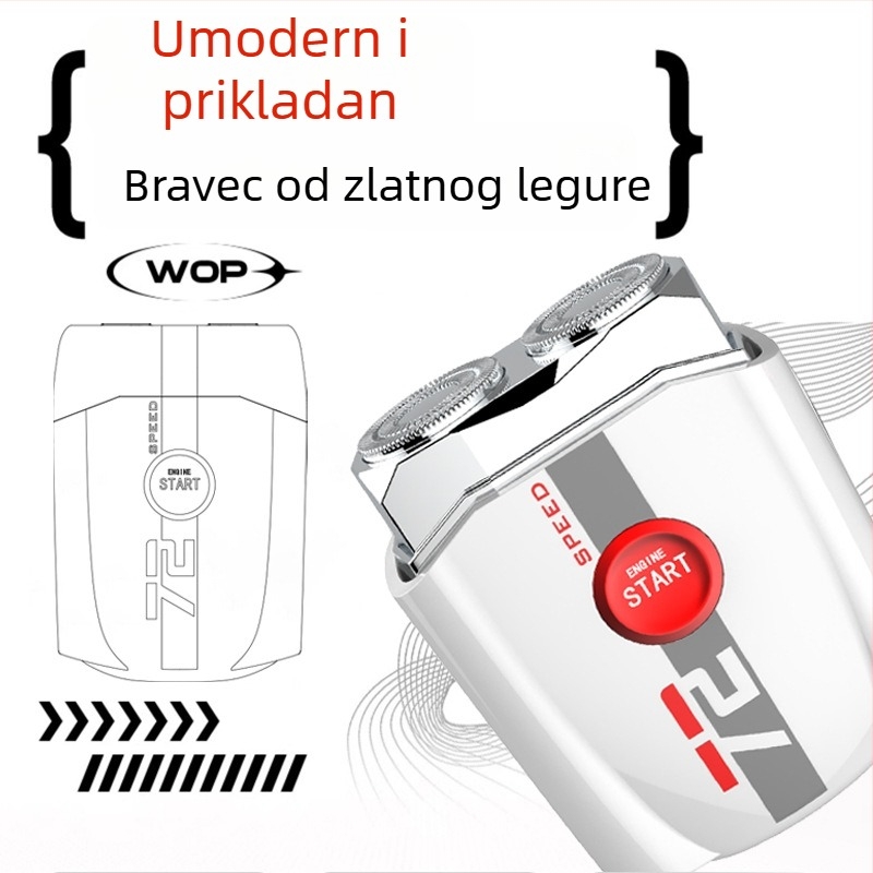 Aluminijski plivački rotacijski električni brijač, periv, kompaktan za putovanja, dvostruka glava; rotacijska glava s 2 oštrica, ugrađena baterija 300–500 mAh, trajanje 60 minuta, punjiva, vrijeme punjenja 2 sata
