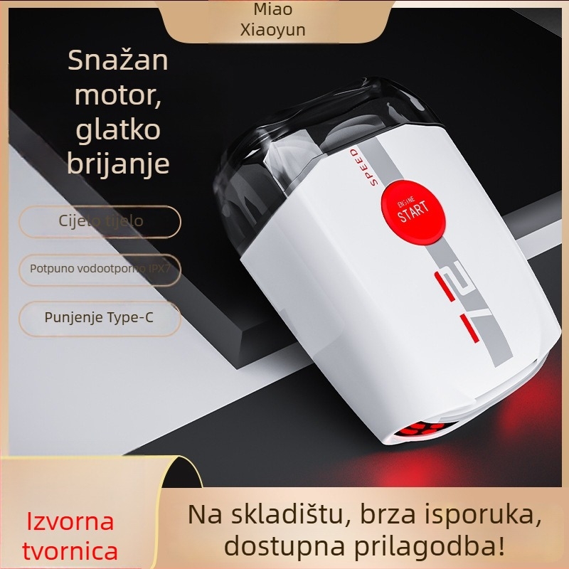 Aluminijski plivački rotacijski električni brijač, periv, kompaktan za putovanja, dvostruka glava; rotacijska glava s 2 oštrica, ugrađena baterija 300–500 mAh, trajanje 60 minuta, punjiva, vrijeme punjenja 2 sata