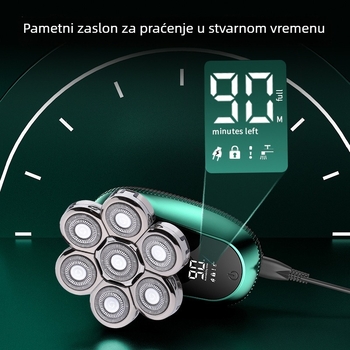 Električni brijač i trimer za kosu s rotirajućom glavom, vodootporan cijelim tijelom, LED prikaz, ugrađena baterija 500–800 mAh, 90 minuta rada
