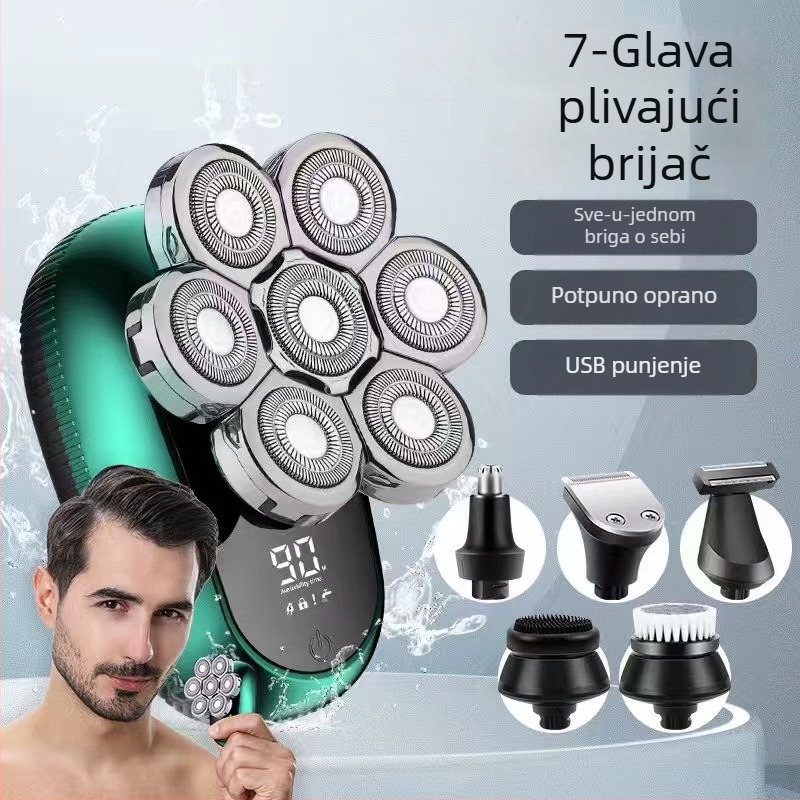 Električni brijač i trimer za kosu s rotirajućom glavom, vodootporan cijelim tijelom, LED prikaz, ugrađena baterija 500–800 mAh, 90 minuta rada