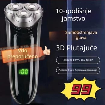 Električni brijač s plivajućom glavom i rotacijskom glavom s 3 oštrice; bez četkastog motora; ugrađena punjiva baterija do 60 minuta rada; odvojiva i periva glava