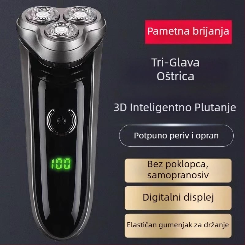 Električni brijač s plivajućom glavom i rotacijskom glavom s 3 oštrice; bez četkastog motora; ugrađena punjiva baterija do 60 minuta rada; odvojiva i periva glava
