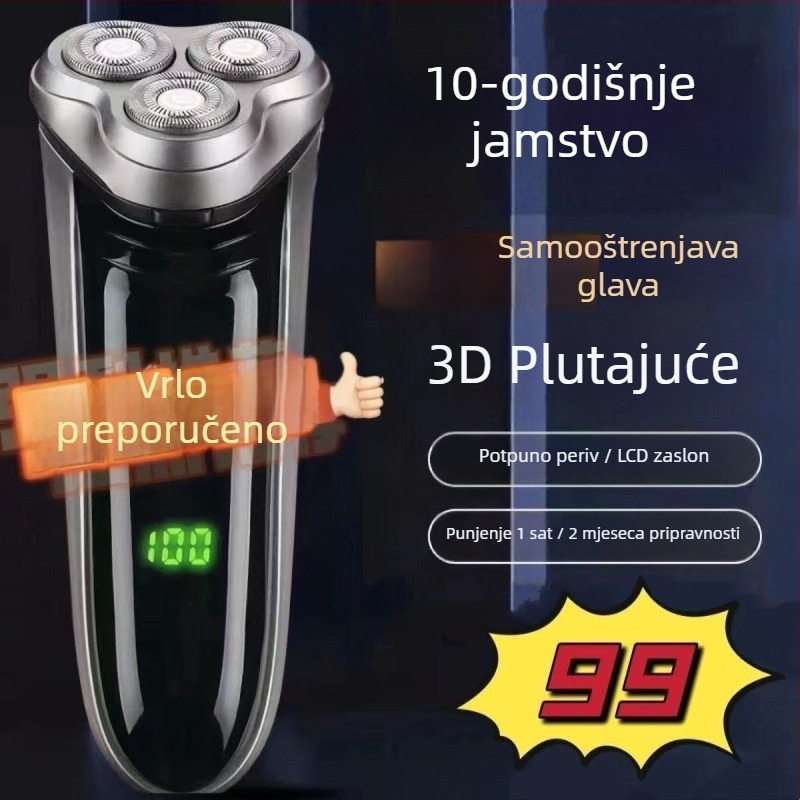 Električni brijač s plivajućom glavom i rotacijskom glavom s 3 oštrice; bez četkastog motora; ugrađena punjiva baterija do 60 minuta rada; odvojiva i periva glava