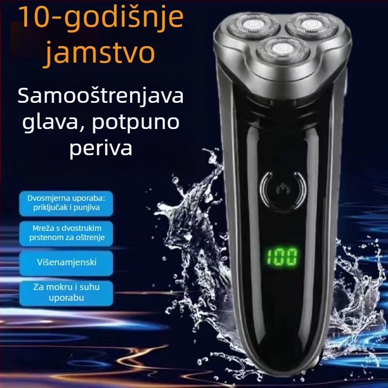 Električni brijač s plivajućom glavom i rotacijskom glavom s 3 oštrice; bez četkastog motora; ugrađena punjiva baterija do 60 minuta rada; odvojiva i periva glava