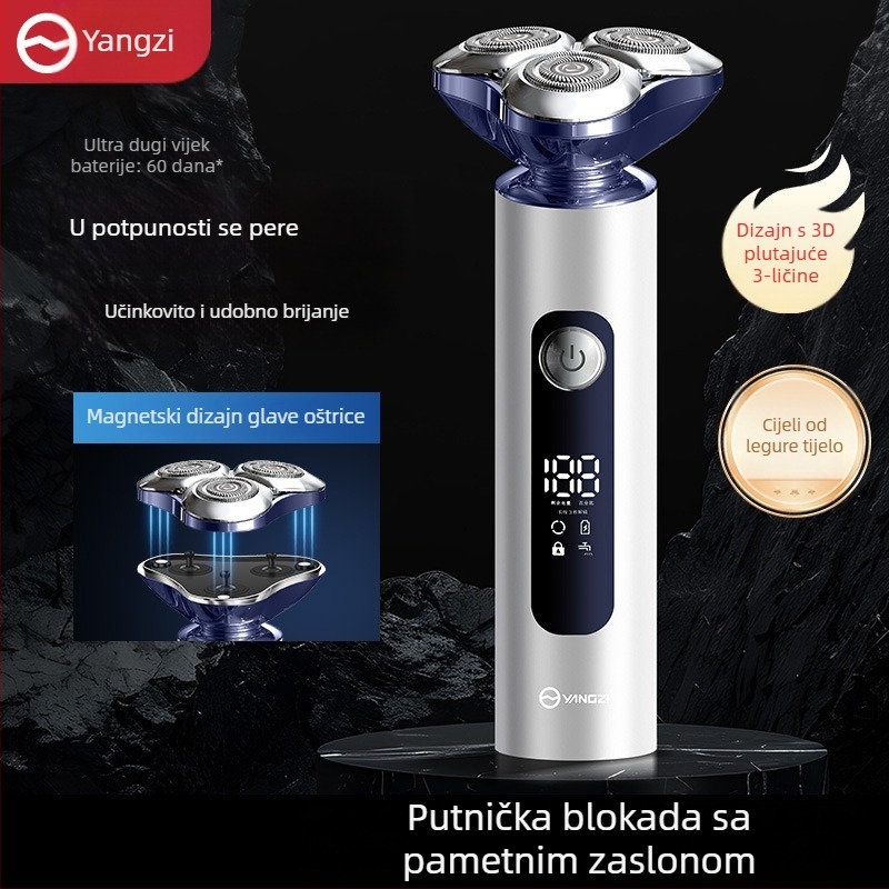 Električni brijač s rotirajućom glavom od 3 oštrice, potpuno se može oprati, mokro i suho brijanje, punjiv, trajanje baterije 150 minuta