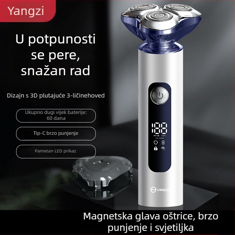 Električni brijač s rotirajućom glavom od 3 oštrice, potpuno se može oprati, mokro i suho brijanje, punjiv, trajanje baterije 150 minuta