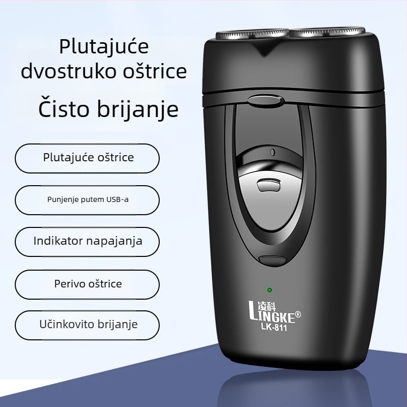 Lingke električni brijač s dvostrukom rotirajućom glavom, plutajuća glava, ugrađena baterija 300–500 mAh, autonomija 45–60 minuta, niski šum