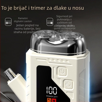 Mini električni brijač, 2-u-1 trimer za nos i bradu, mokro i suho, USB punjenje, ugrađena baterija, LED zaslon