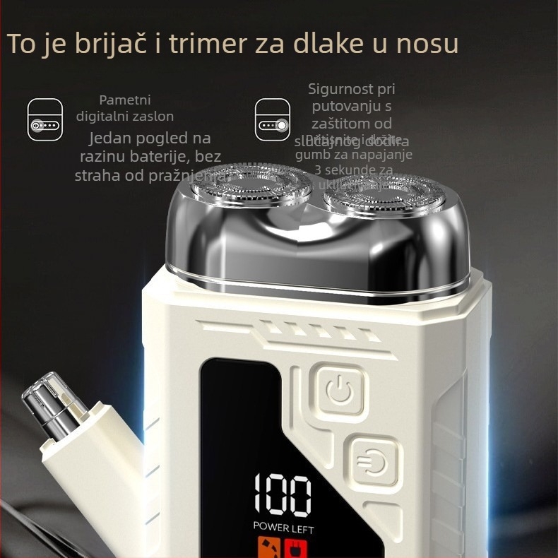 Mini električni brijač, 2-u-1 trimer za nos i bradu, mokro i suho, USB punjenje, ugrađena baterija, LED zaslon