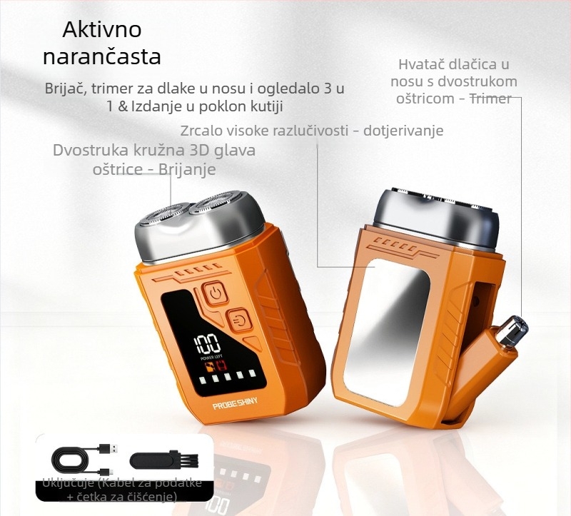 Mini električni brijač, 2-u-1 trimer za nos i bradu, mokro i suho, USB punjenje, ugrađena baterija, LED zaslon