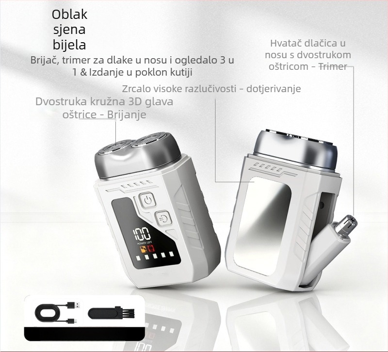 Mini električni brijač, 2-u-1 trimer za nos i bradu, mokro i suho, USB punjenje, ugrađena baterija, LED zaslon