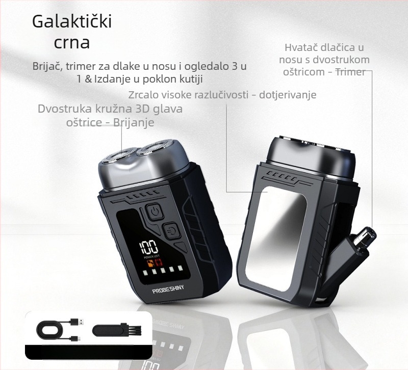 Mini električni brijač, 2-u-1 trimer za nos i bradu, mokro i suho, USB punjenje, ugrađena baterija, LED zaslon
