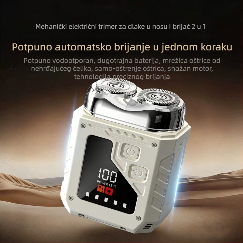 Mini električni brijač, 2-u-1 trimer za nos i bradu, mokro i suho, USB punjenje, ugrađena baterija, LED zaslon