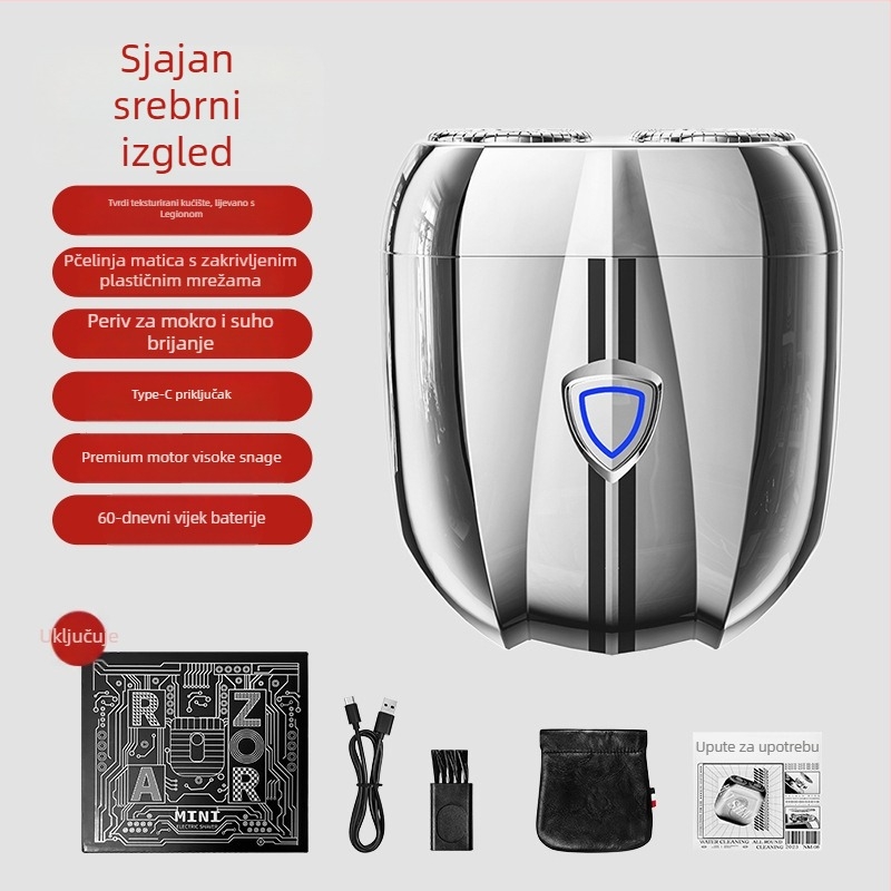 Putni električni brijač, rotativna glava s dvostrukim oštricama, ugrađena baterija, brushless motor, radno vrijeme 6 sati
