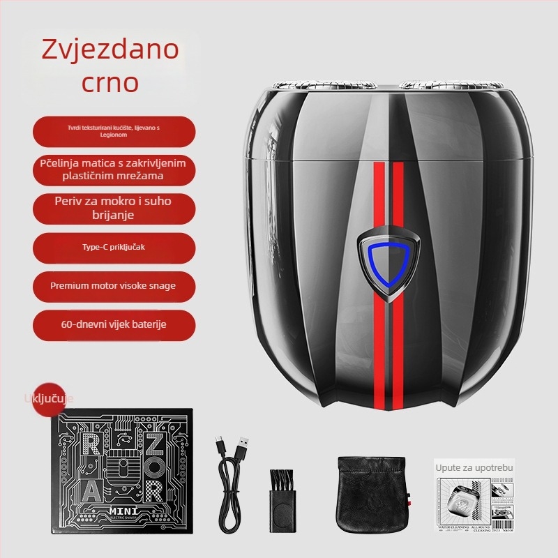 Putni električni brijač, rotativna glava s dvostrukim oštricama, ugrađena baterija, brushless motor, radno vrijeme 6 sati