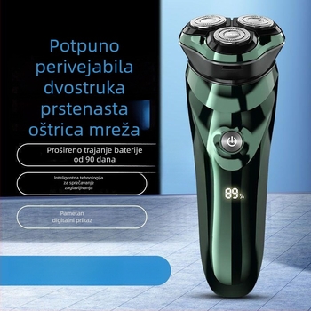 Električna britva s ugrađenom baterijom, rotirajuća glava s tri oštrice, mokro/suvo korištenje, potpuno periva za cijelo tijelo