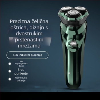 Električna britva s ugrađenom baterijom, rotirajuća glava s tri oštrice, mokro/suvo korištenje, potpuno periva za cijelo tijelo