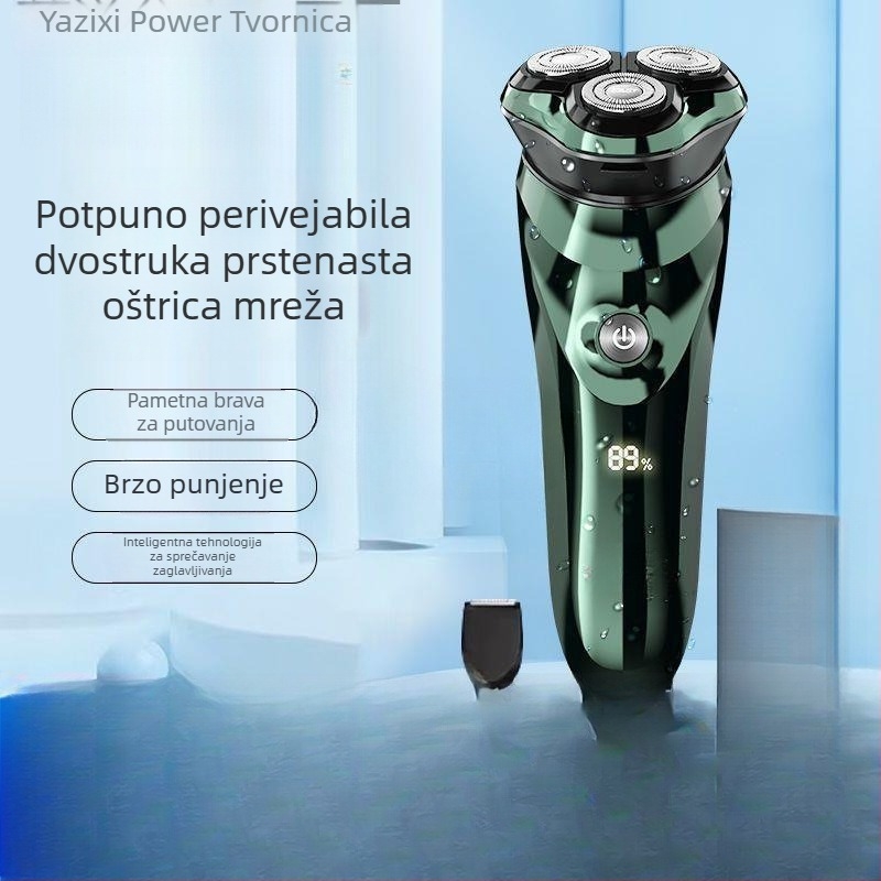 Električna britva s ugrađenom baterijom, rotirajuća glava s tri oštrice, mokro/suvo korištenje, potpuno periva za cijelo tijelo