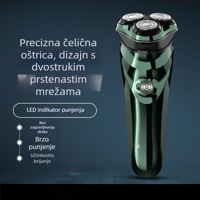Električna britva s ugrađenom baterijom, rotirajuća glava s tri oštrice, mokro/suvo korištenje, potpuno periva za cijelo tijelo