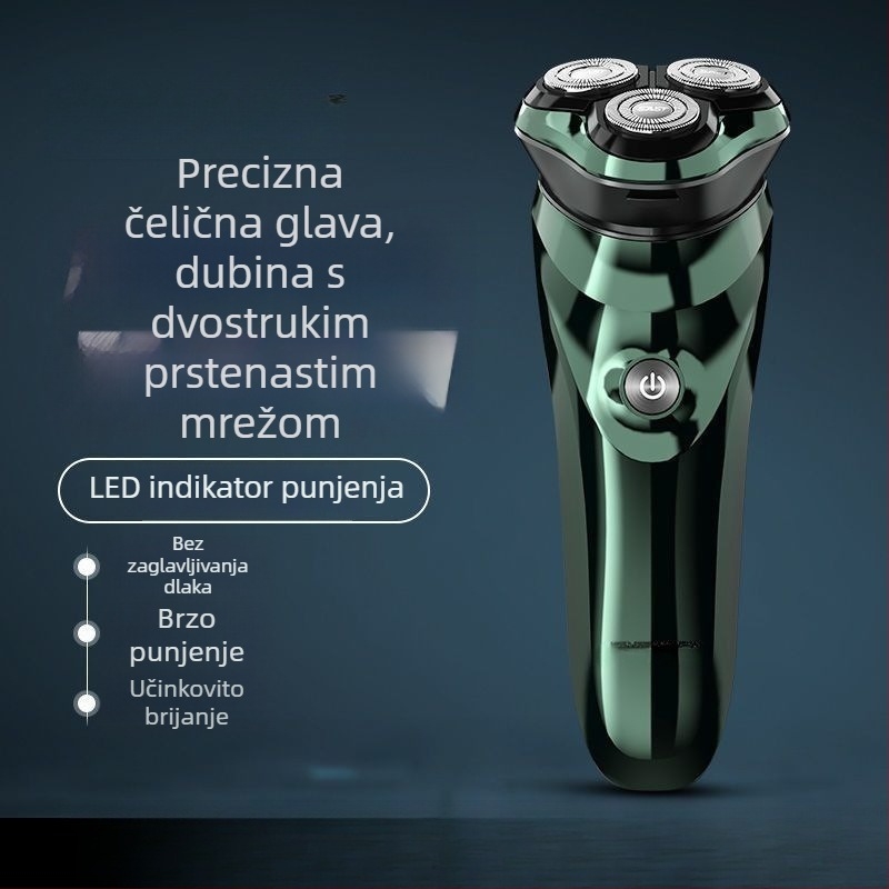 Električna britva s ugrađenom baterijom, rotirajuća glava s tri oštrice, mokro/suvo korištenje, potpuno periva za cijelo tijelo