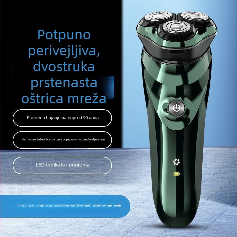 Električna britva s ugrađenom baterijom, rotirajuća glava s tri oštrice, mokro/suvo korištenje, potpuno periva za cijelo tijelo