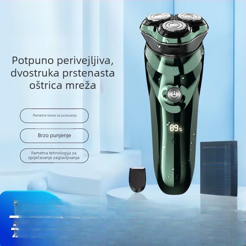 Električna britva s ugrađenom baterijom, rotirajuća glava s tri oštrice, mokro/suvo korištenje, potpuno periva za cijelo tijelo