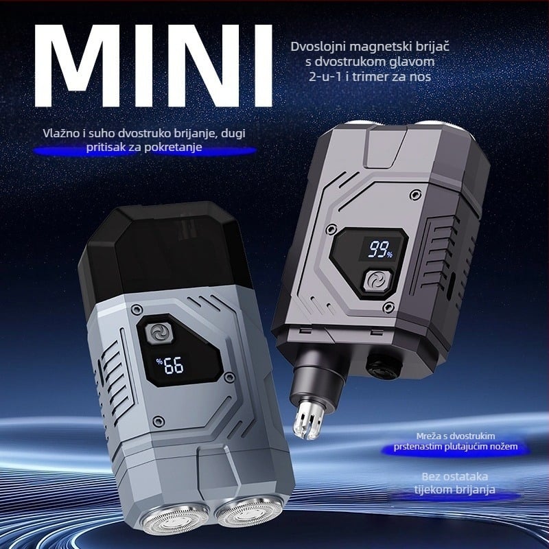 2-u-1 dvostruka glava električni brijač s LED zaslonom, prijenosni, rotirajuća glava s 2 oštrice, motor bez četkica, ugrađena baterija 500–800 mAh, do 30 minuta trajanja