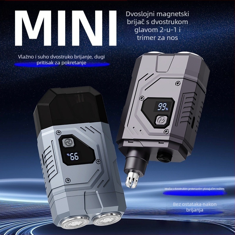 2-u-1 dvostruka glava električni brijač s LED zaslonom, prijenosni, rotirajuća glava s 2 oštrice, motor bez četkica, ugrađena baterija 500–800 mAh, do 30 minuta trajanja