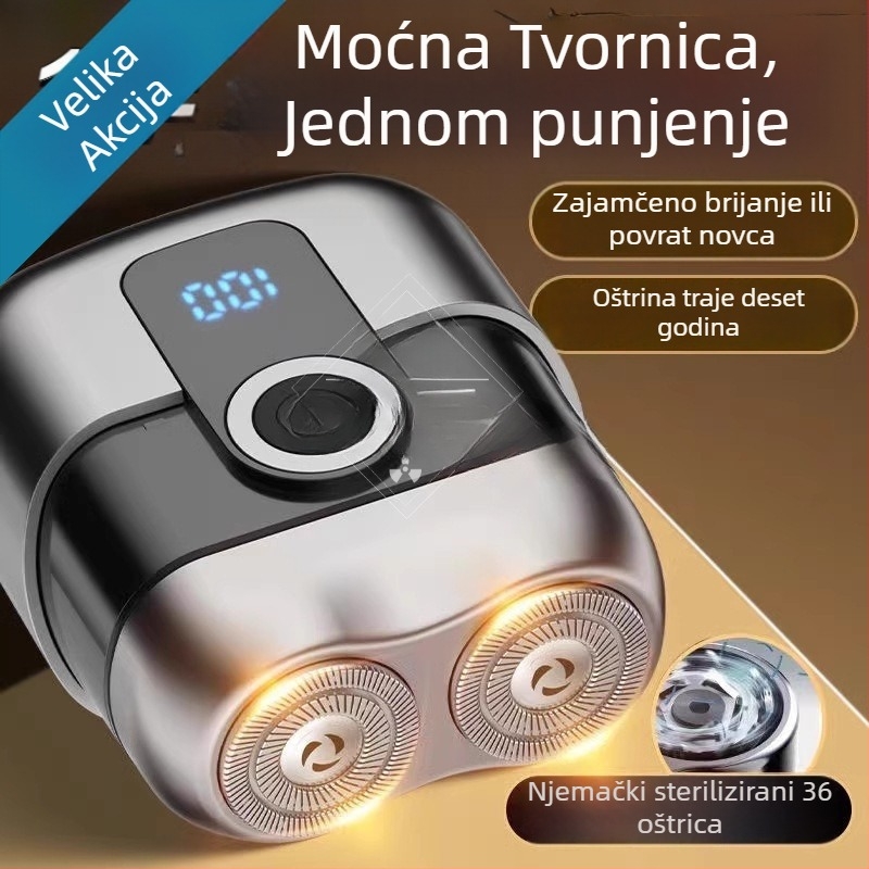 Prijenosna mini električna brijača s LED zaslonom, rotacijska glava s dvije oštrice, brushless motor, ugrađena baterija 500–800 mAh, punjiva, trajanje rada više od 60 minuta