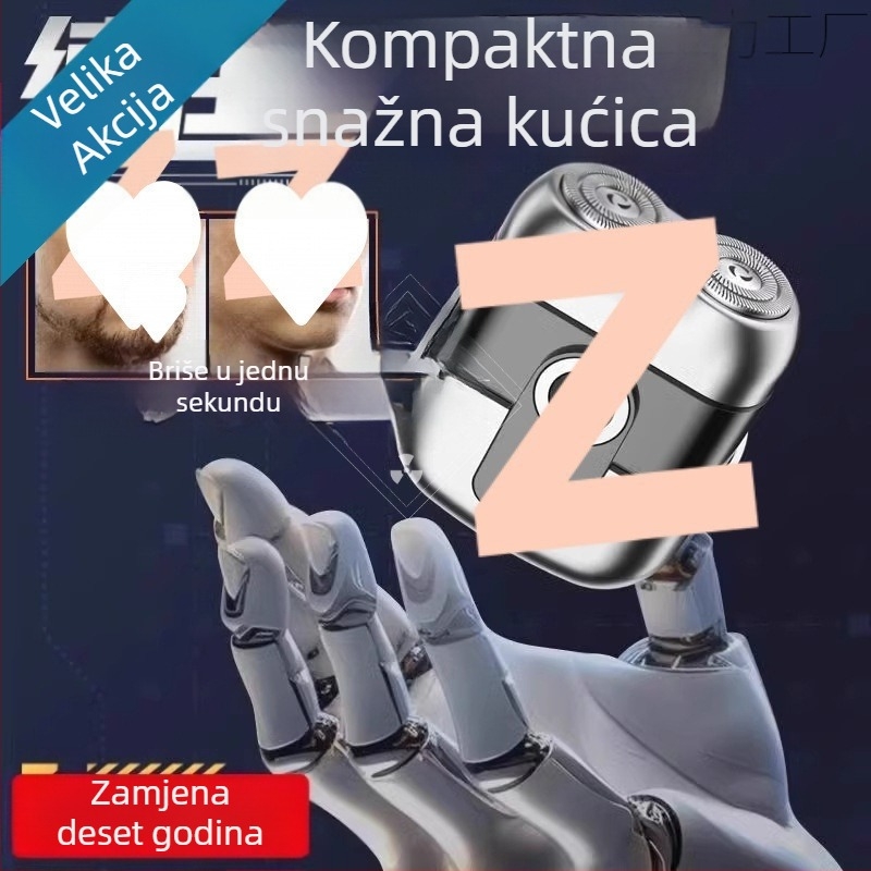 Prijenosna mini električna brijača s LED zaslonom, rotacijska glava s dvije oštrice, brushless motor, ugrađena baterija 500–800 mAh, punjiva, trajanje rada više od 60 minuta