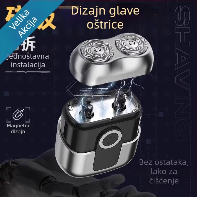 Prijenosna mini električna brijača s LED zaslonom, rotacijska glava s dvije oštrice, brushless motor, ugrađena baterija 500–800 mAh, punjiva, trajanje rada više od 60 minuta