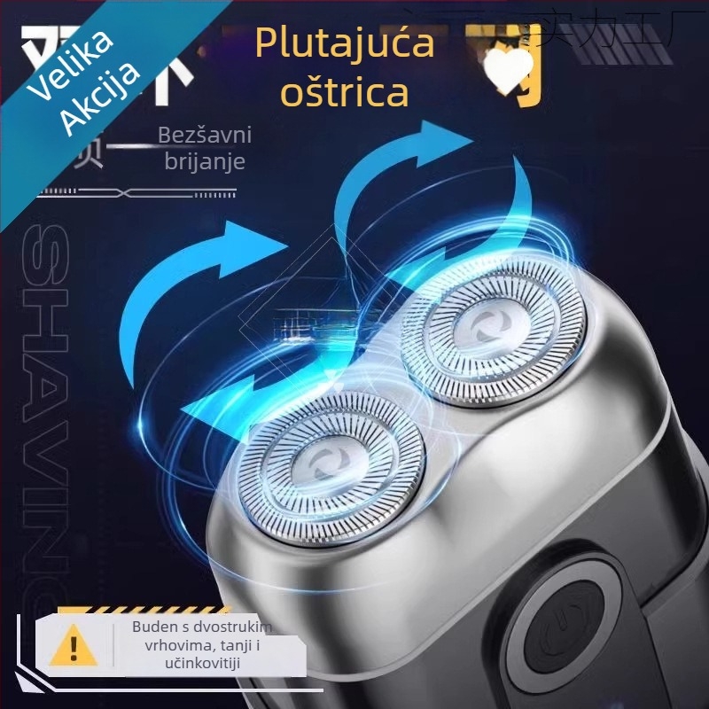 Prijenosna mini električna brijača s LED zaslonom, rotacijska glava s dvije oštrice, brushless motor, ugrađena baterija 500–800 mAh, punjiva, trajanje rada više od 60 minuta