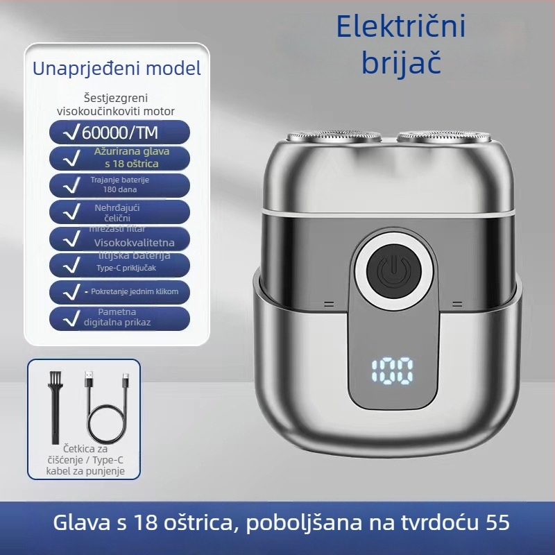 Prijenosna mini električna brijača s LED zaslonom, rotacijska glava s dvije oštrice, brushless motor, ugrađena baterija 500–800 mAh, punjiva, trajanje rada više od 60 minuta