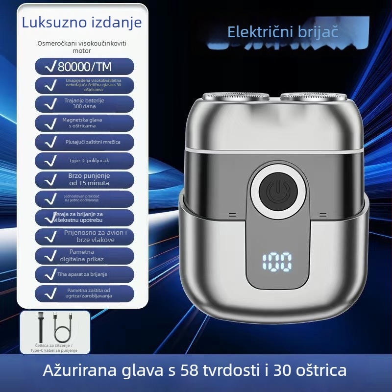 Prijenosna mini električna brijača s LED zaslonom, rotacijska glava s dvije oštrice, brushless motor, ugrađena baterija 500–800 mAh, punjiva, trajanje rada više od 60 minuta