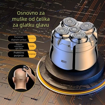 Električni brijač s pet rotirajućih glava, ugrađena baterija 500–800 mAh, autonomija 60 minuta, LED zaslon, periv za cijelo tijelo