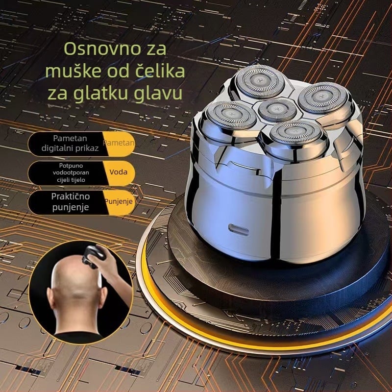 Električni brijač s pet rotirajućih glava, ugrađena baterija 500–800 mAh, autonomija 60 minuta, LED zaslon, periv za cijelo tijelo