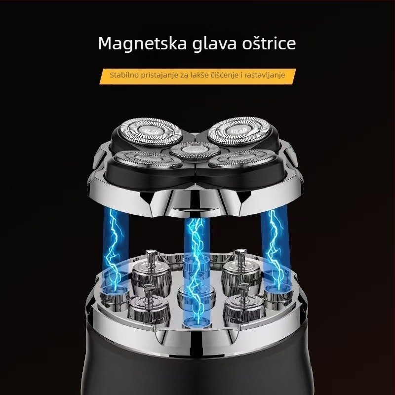 Električni brijač s pet rotirajućih glava, ugrađena baterija 500–800 mAh, autonomija 60 minuta, LED zaslon, periv za cijelo tijelo