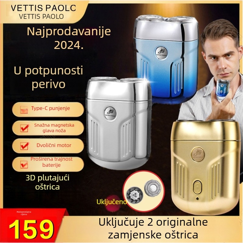 Električni brijač za cijelo tijelo, vodootporan, rotirajuća glava s dvije oštrice, ugrađena baterija 300–500 mAh, brzo punjenje, do 85 minuta rada