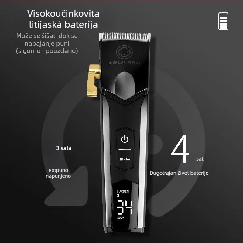 Električni šišač za kosu Curry Wolf s bezčetkastim motorom, noževi od titanij‑lijevanog legura, ugrađena baterija 2000–4000 mAh, radno vrijeme 3–6 sati, buka ispod 36 dB
