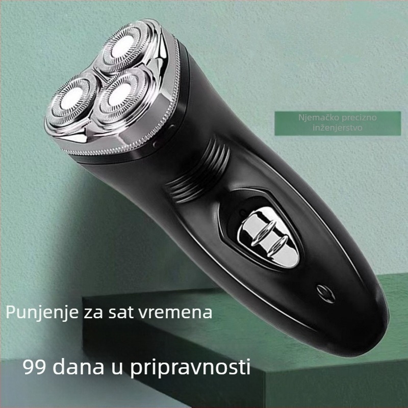 Električni brijač za muškarce, dvostruka upotreba, punjiv, potpuno vodootporan, tri oštrice, rotirajuća glava