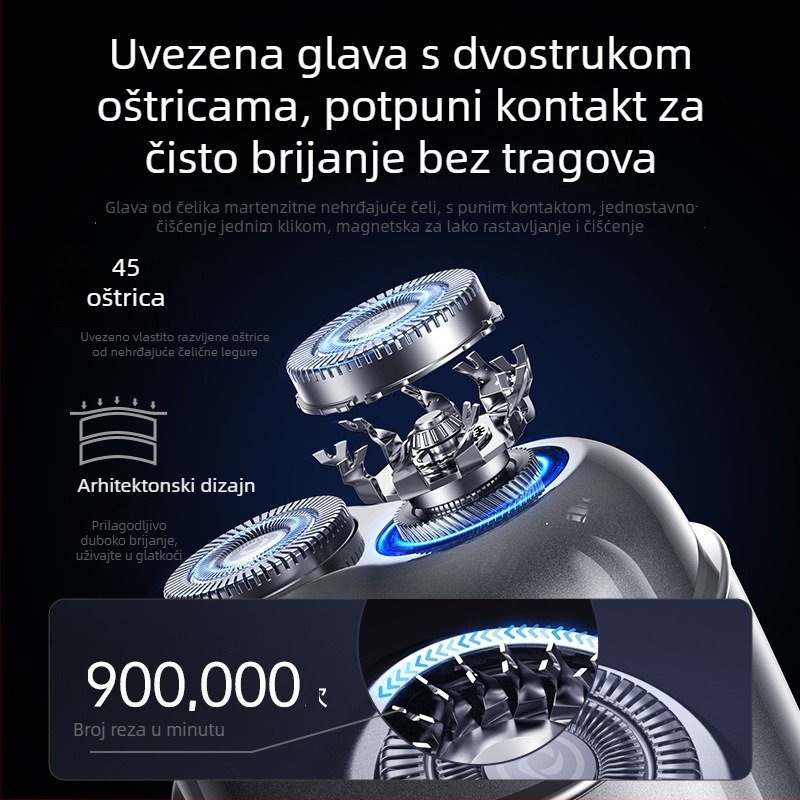 Električni brijač za muškarce, rotativna glava s 3 oštrice, USB punjenje, mokro i suho brijanje, autonomija 60+ minuta