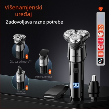 Električni brijač s rotacijskom glavom od 3 oštrice, bezčetkasti motor, ugrađena baterija 1200–2000 mAh, domet do 90 minuta, tijelo se može oprati