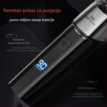 Električni brijač s rotacijskom glavom od 3 oštrice, bezčetkasti motor, ugrađena baterija 1200–2000 mAh, domet do 90 minuta, tijelo se može oprati