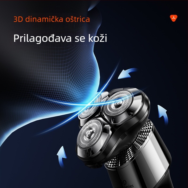 Električni brijač s rotacijskom glavom od 3 oštrice, bezčetkasti motor, ugrađena baterija 1200–2000 mAh, domet do 90 minuta, tijelo se može oprati