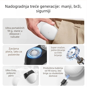 Aux Mini prijenosni električni brijač za muškarce s rotirajućom glavom i dvije oštrice